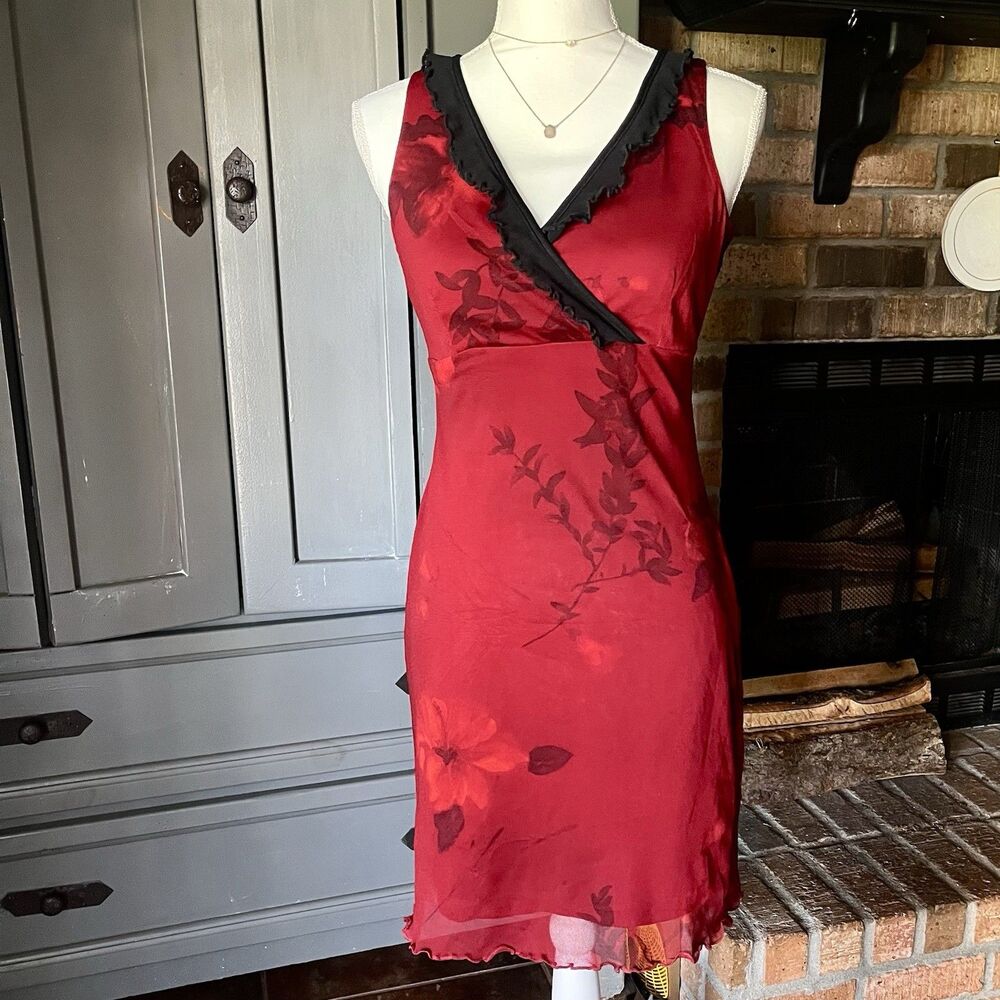 Y2K Vintage 3 Suisses Red Floral Mesh Slip Dress Goth Coquette Eur38/US M